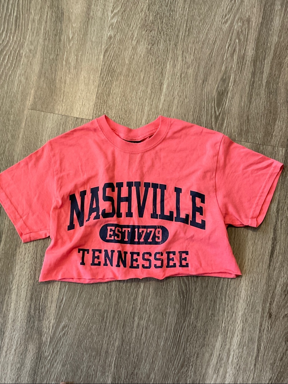 MV Sport Coral Crop Tee with Navy Nashville Print